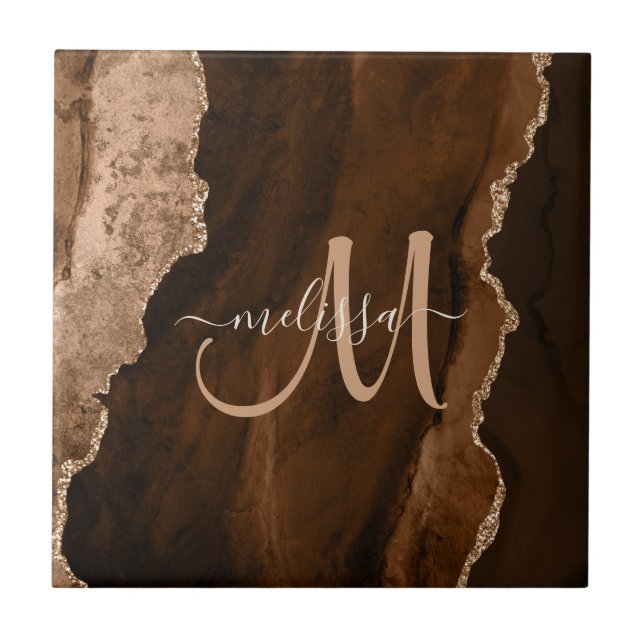Chic Brown Blush Glitter Agate Custom Monogram  Ceramic Tile (Front)