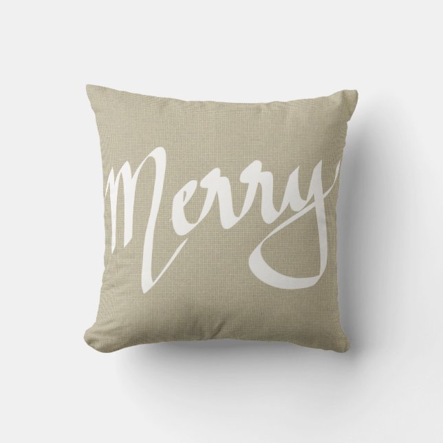 Chic Brown Burlap Merry Typography Christmas Cushion (Front)