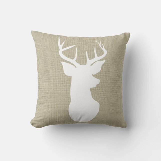 Chic Brown Burlap Rustic Antler Deer Country Cushion (Front)