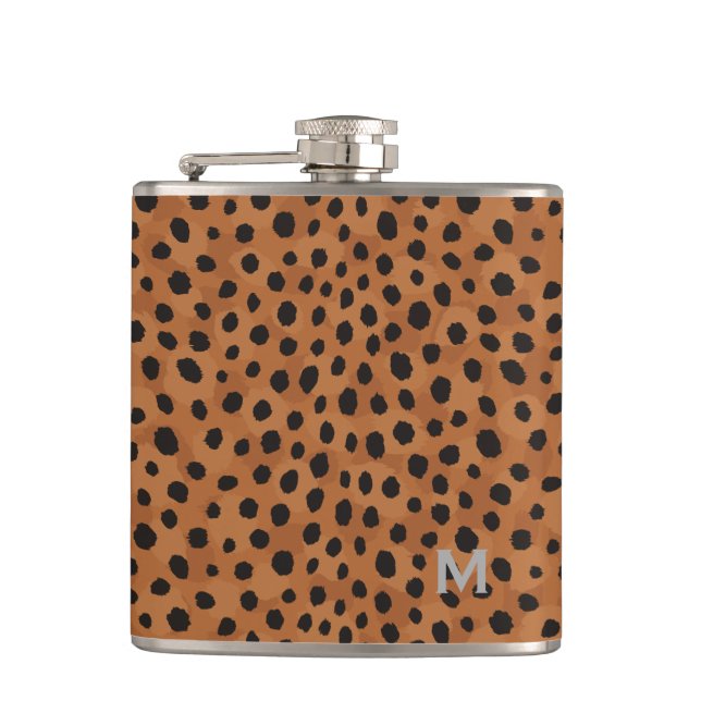 Chic brown cheetah print monogram hip flask (Front)