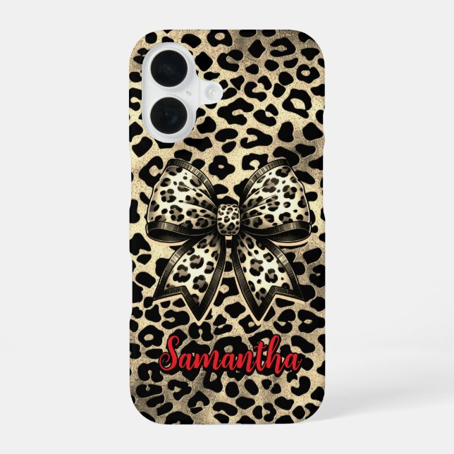 Chic Brown Coquette Leopard Bow Monogram iPhone 16 Case (Back)
