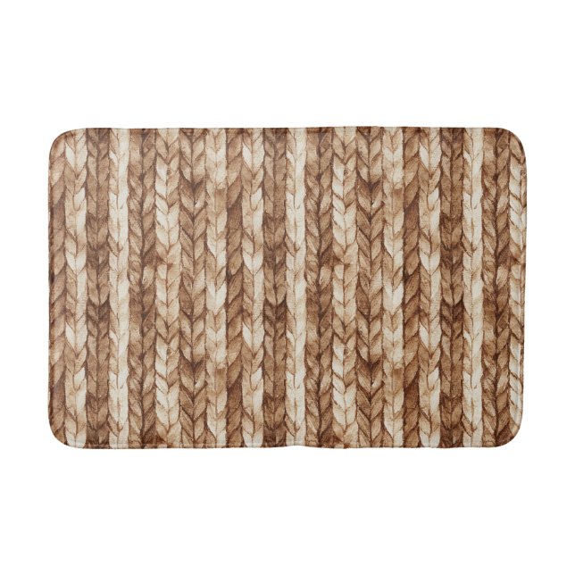 Chic Brown Cream Faux Woven Stripes Bath Mat (Front)