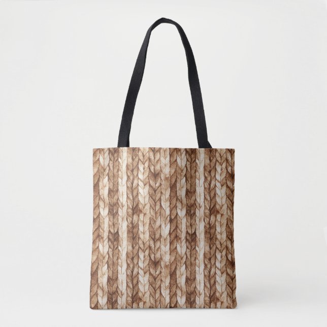 Chic Brown Cream Faux Woven Stripes Tote Bag (Front)