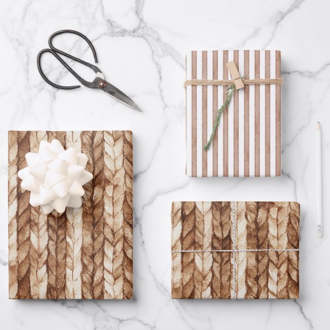 Chic Brown Cream Faux Woven Stripes Wrapping Paper Sheet (Front)
