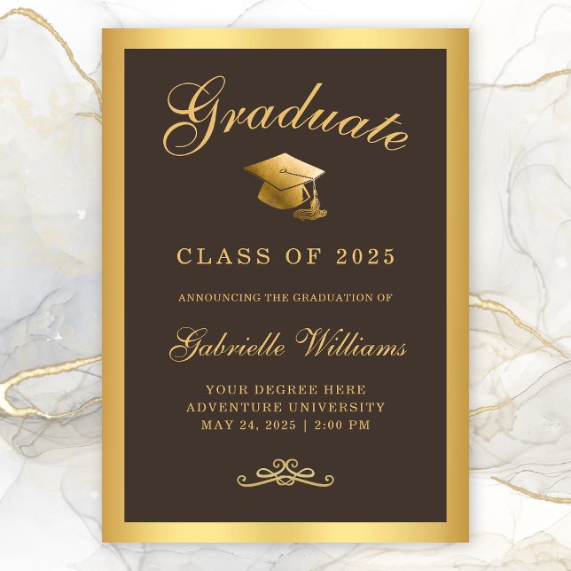 Chic Brown Gold Frame Script Graduation Announcement (Chic Brown Gold Border Typography Graduation Announcement)