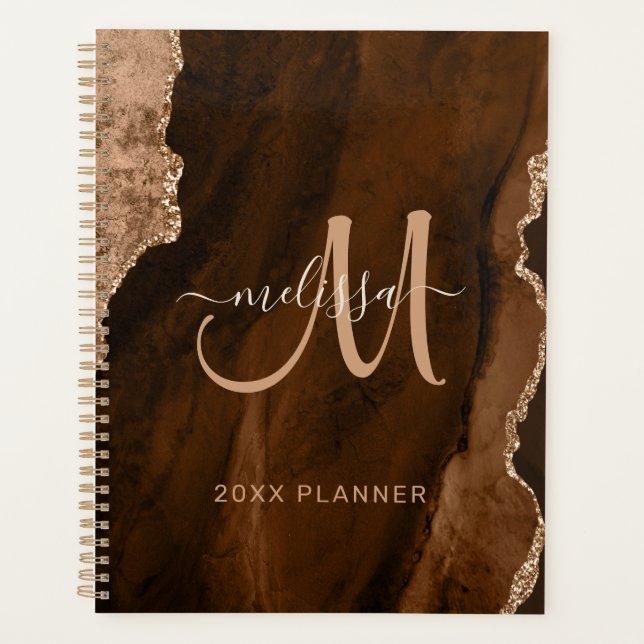 Chic Brown Gold Glitter Agate Custom Monogram 2023 Planner (Front)