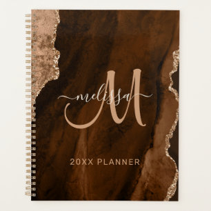 Chic Brown Gold Glitter Agate Custom Monogram 2024 Planner