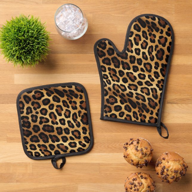 Chic Brown Gold Leopard   Oven Mitt & Pot Holder Set (Top Down)