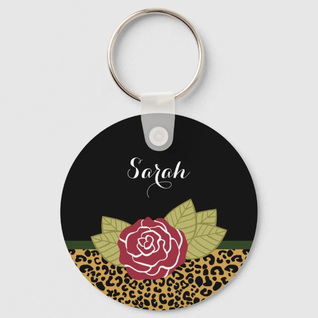 Chic Brown Gold Leopard Print Red Rose With Name Key Ring (Front)