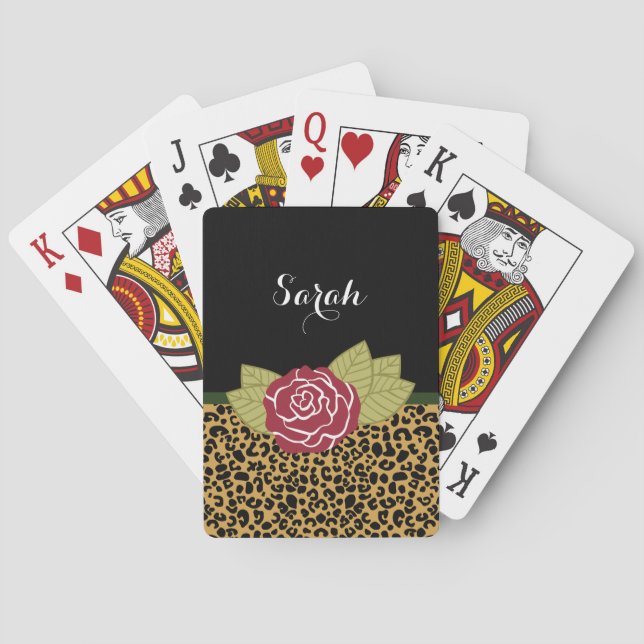 Chic Brown Gold Leopard Print Red Rose With Name Playing Cards (Back)