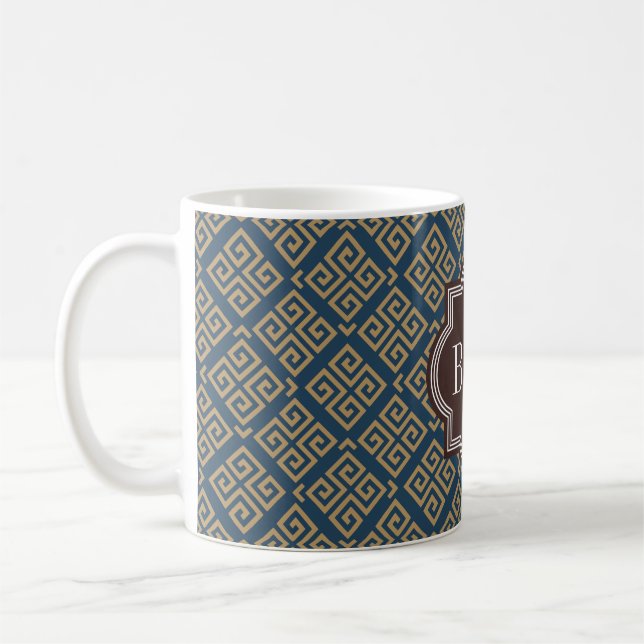 Chic brown greek key geometric patterns monogram coffee mug (Left)