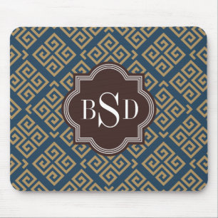 Chic brown greek key geometric patterns monogram mouse pad