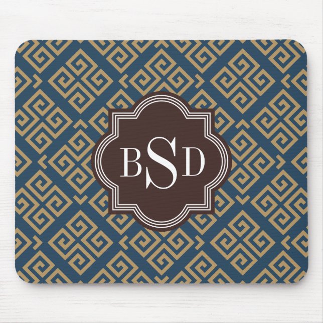 Chic brown greek key geometric patterns monogram mouse pad (Front)