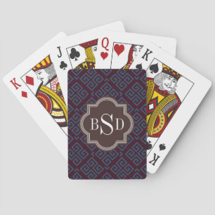 Chic brown greek key geometric patterns monogram playing cards