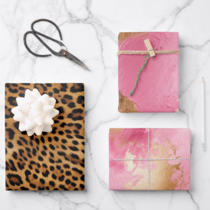 Chic Brown Leopard Print Pink Gold Wrapping Paper Sheet