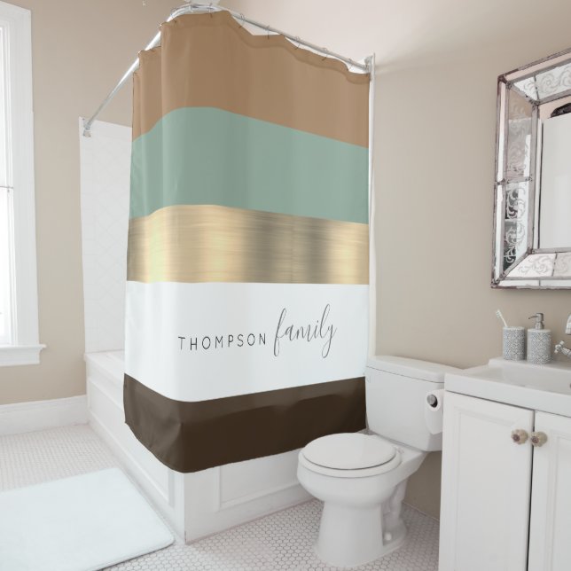 Chic brown neutral striped coloured family shower curtain (In Situ)