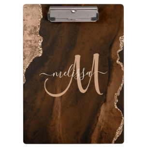 Chic Brown Rose Gold Glitter Agate Custom Monogram Clipboard