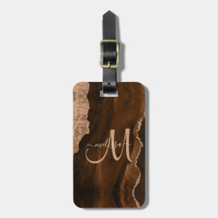 Chic Brown Rose Gold Glitter Agate Custom Monogram Luggage Tag