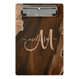 Chic Brown Rose Gold Glitter Agate Custom Monogram Mini Clipboard