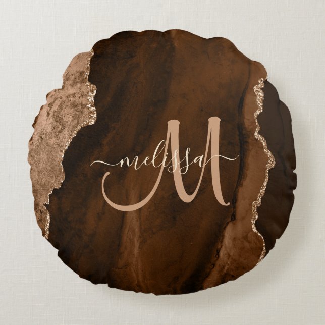 Chic Brown Rose Gold Glitter Agate Custom Monogram Round Cushion (Front)