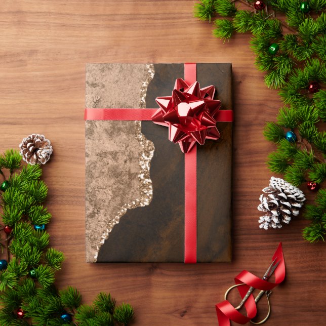 Chic Brown Rose Gold Glitter Agate Custom Monogram Wrapping Paper (Holiday Gift)