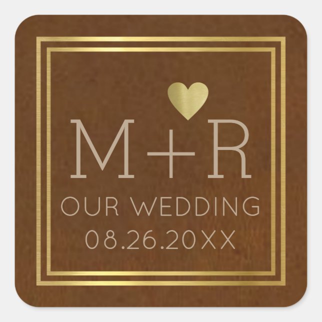 chic brown wedding monogrammed  square sticker (Front)