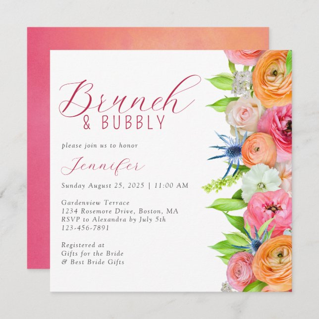 Chic Brunch and Bubbly Floral Bridal Shower Invitation (Front/Back)