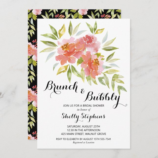 Chic Brunch and Bubbly Floral Bridal Shower Invitation (Front/Back)
