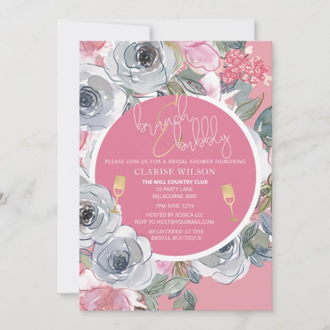 Chic Brunch & Bubbly Pink & Gold Bridal Shower Invitation (Front)