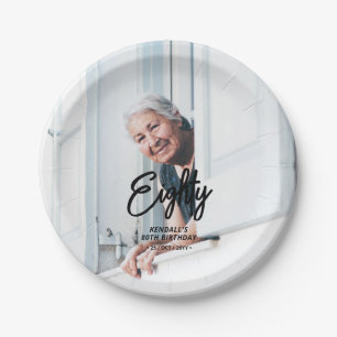 Chic Brush Script Custom Photo Birthday Party Paper Plate