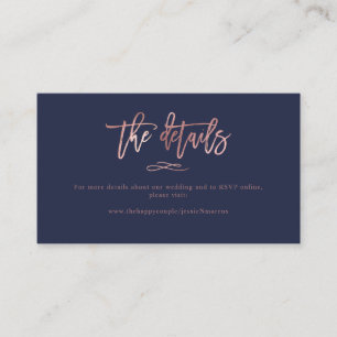 Chic Brush Script Rose Gold Wedding Details Business Card