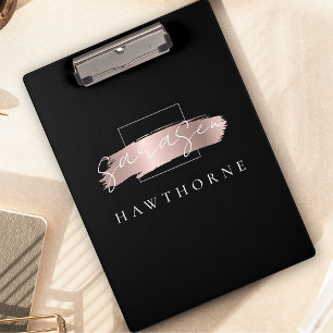 Chic Brush Stroke Black Faux Rose Gold Monogram Clipboard