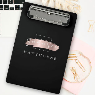 Chic Brush Stroke Black Faux Rose Gold Monogram Mini Clipboard