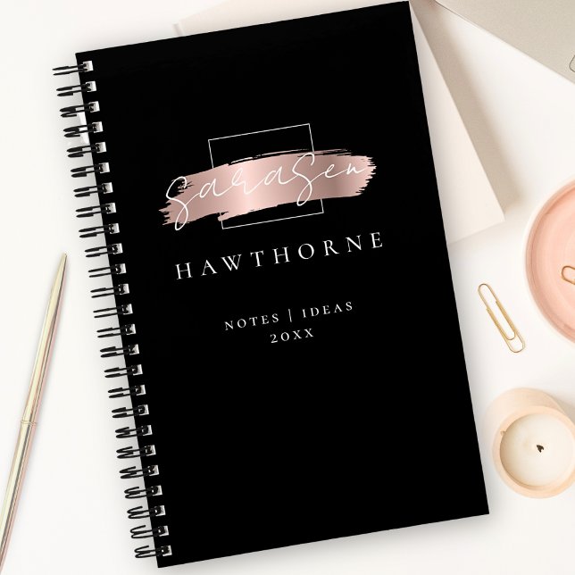 Chic Brush Stroke Black Faux Rose Gold Monogram Notebook (Creator Uploaded)