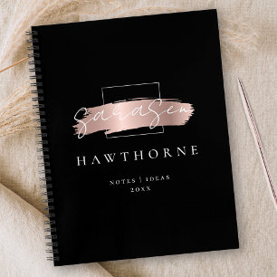 Chic Brush Stroke Black Faux Rose Gold Monogram Notebook