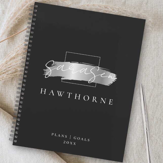 Chic Brush Stroke Black Faux Silver Brush Monogram Planner (Creator Uploaded)