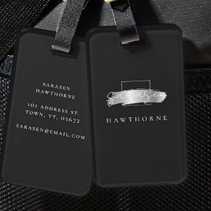 Chic Brush Stroke Black Faux Silver Monogram Luggage Tag