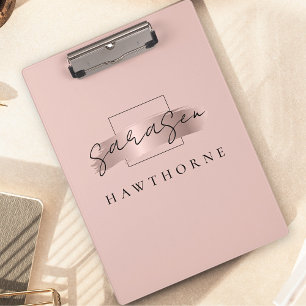Chic Brush Stroke Faux Rose Gold Elegant Monogram Clipboard