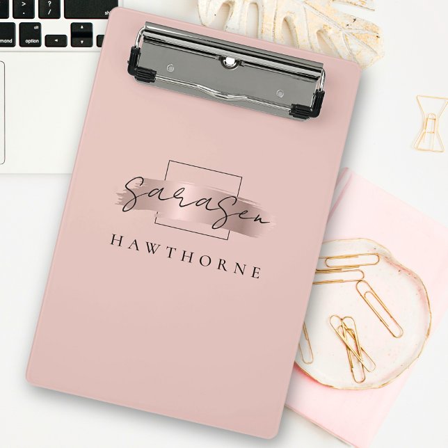 Chic Brush Stroke Faux Rose Gold Elegant Monogram Mini Clipboard (Creator Uploaded)