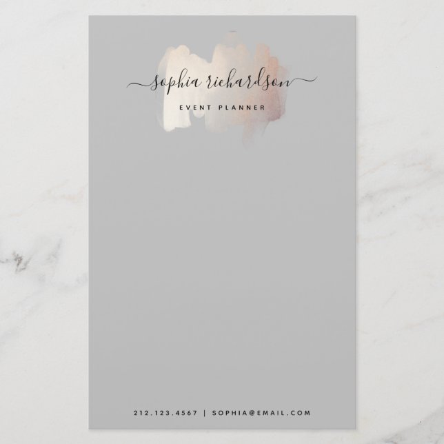 Chic Brush Stroke | Faux Rose Gold on Grey Stationery (Front)