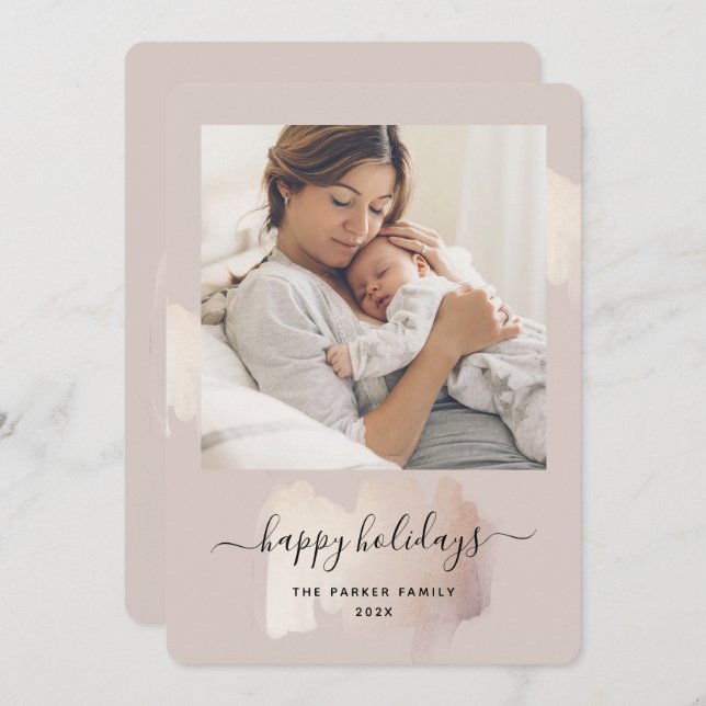Chic Brush Stroke | Happy Holidays Photo Christmas Holiday Card (Front/Back)