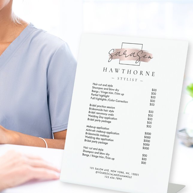Chic Brush Stroke Salon Price List Services Modern Pedestal Sign (Creator Uploaded)