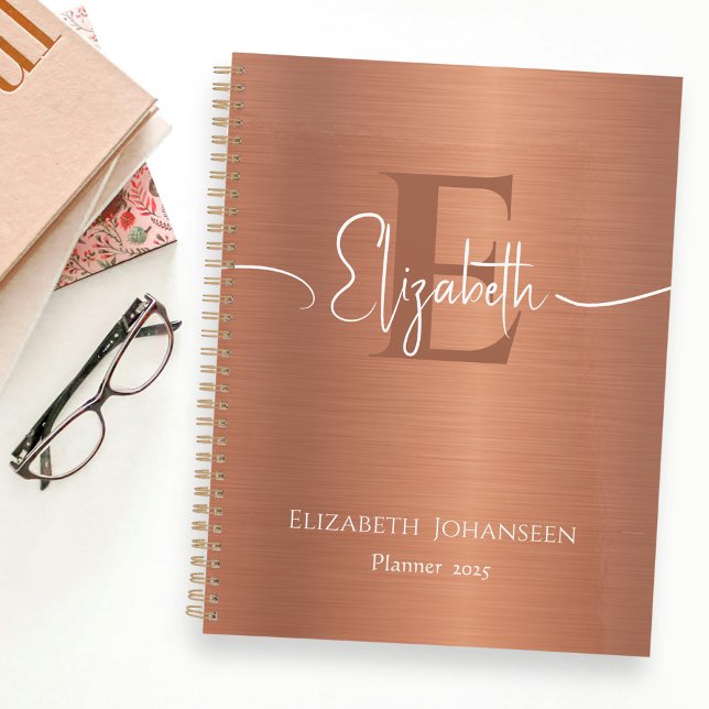 Chic Brushed Copper Metal Monogrammed White Script Planner (Creator Uploaded)