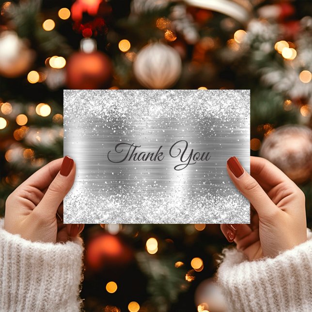 Chic brushed metal silver faux glitte thank you card (Creator Uploaded)
