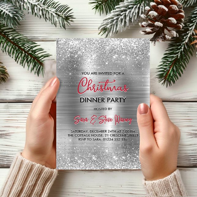 Chic brushed metal silver faux glitter Christmas  Invitation (Creator Uploaded)
