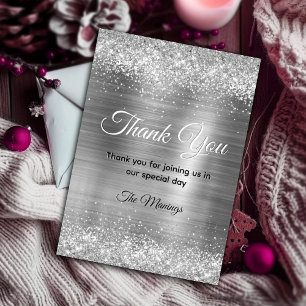 Chic brushed metal silver faux glitter thank you  card