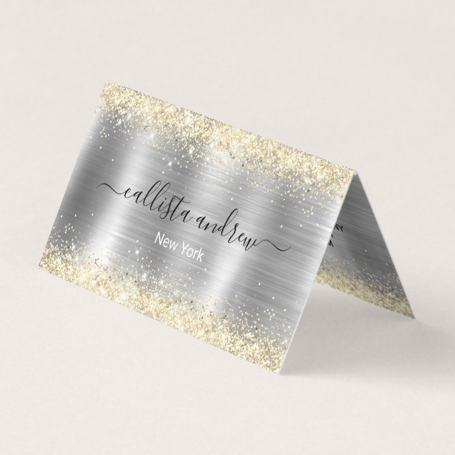 Chic brushed metal silver gold faux glitter business card (Front)