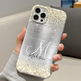 Chic brushed metal silver gold faux glitter iPhone 11 pro case