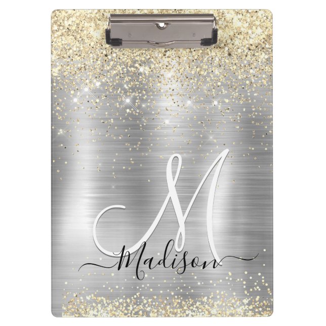 Chic brushed metal silver gold faux glitter clipboard (Front)