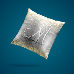 Chic brushed metal silver gold faux glitter cushion